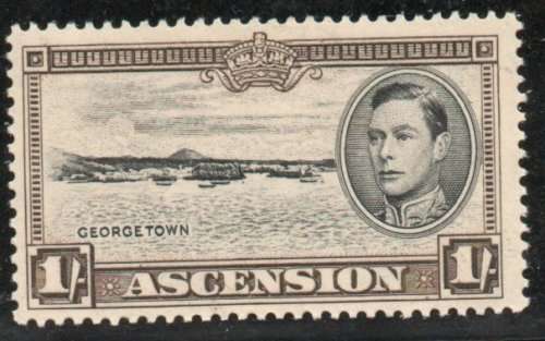 Ascension 1938 KGVI Definitive 1/- black and sepia perf 13½ mounted mint. SG 44. Cat £22 (2022)