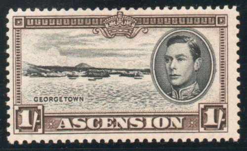 Ascension 1938 KGVI Definitive 1/- black and sepia perf 13 mounted mint. SG 44a. Cat £6,50 (2022)