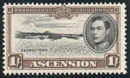 Ascension 1938 KGVI Definitive 1/- black and sepia perf 13 mounted mint. SG 44a. Cat £6,50 (2022)