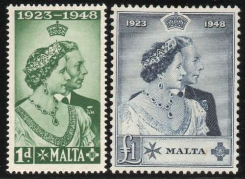 Malta 1949 Royal Silver Wedding set of 2 mounted mint. SG 249-250. Cat £38,50 (2022)