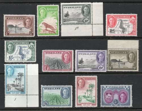 Nyasaland 1945 definitive part set of 12 superb very lightly mounted mint. SG 144-145 Cat £45 (2022)