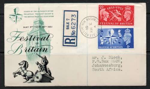 Great Britain 1951 Festival of Britain set of 2 on very fine registered FDC. Cat £38 (2018)
