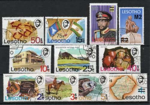 Lesotho 1980 surcharged definitive basic set of 11 vfu.(1 of each value) Between SG 402-417 Cat £5.