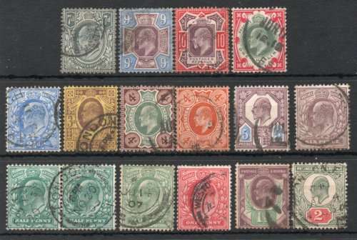 Great Britain 1902 KEVII Definitive set of 15 fine - vf used. Between SG 217-314. Cat £319