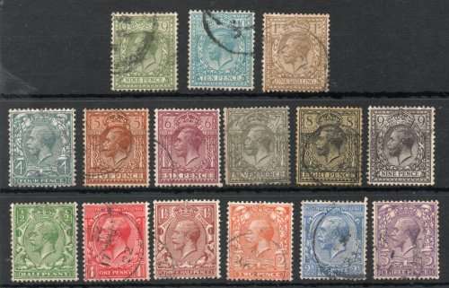 Great Britain 1912-24 KGV Definitive basic set of 15 fine - vf used between SG 351-396. Cat +/- £125