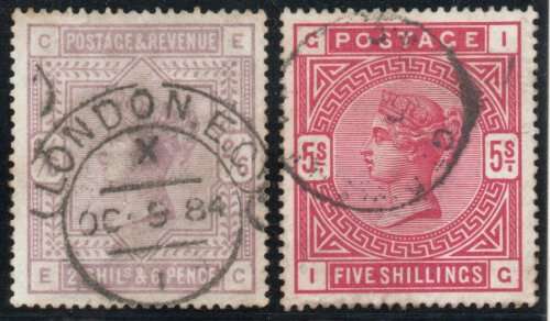 Great Britain 1883-4 QV 2/6d and 5/- very fine used. SG 178 and 180. Cat £410 (2022)