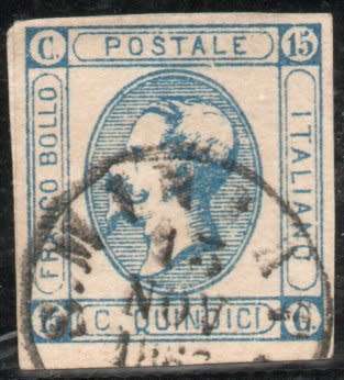 Italy 1863 15c blue imperf very fine used 4 margin. SG 7. Cat £15 (2012)
