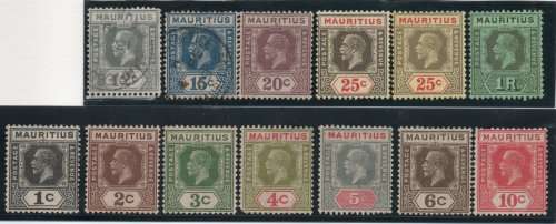 Mauritius 1913 KGV Defin part set of 13 lmm, umm and vfu. SG Simplified 223-238. Cat £33,50 (2012)