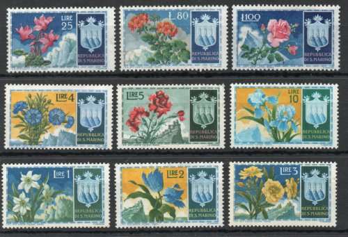 San Marino 1953 Flowers set of 9 mounted mint. SG 464-472. Cat £82,50 (2012)