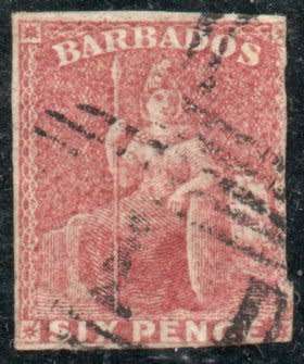 Barbados 1858 6d pale rose red imperf fine used. SG 11. Cat £120 (2022)