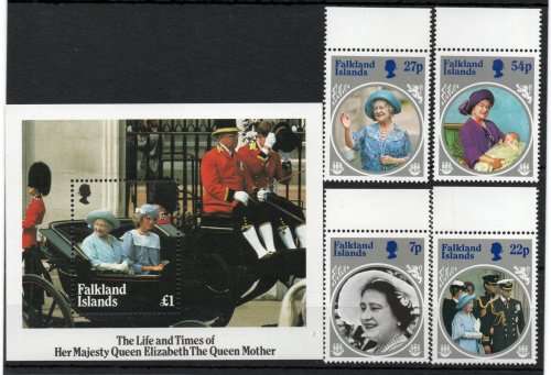 Falkland Islands 1985 `Life and Times of Queen Mother` set of 4 and MS. SG 505- MS509. Cat £6 (2013)