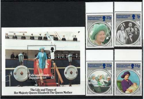 Falkland Isl Dep 1985 Life and Times of Queen Mother set of 4 and MS. SG 129- MS133 Cat £5,85 (2013)