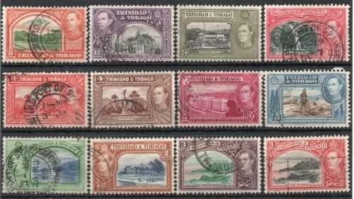 Trinidad and Tobago 1938 KGVI definitive part set of 12 very fine used. SG 246-254 Cat £11,35 (2022)