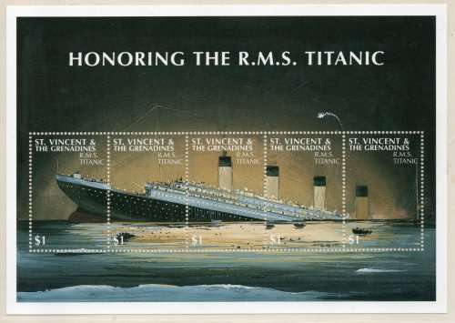 St Vincent 1997 `85th Anniv of sinking of Titanic` sheetlet of 5 umm. SG 3867-3871. Cat £6,25 (2013)