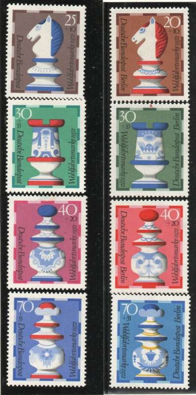West Germany and West Berlin 1973 Chess sets of 4 umm. SG 1636-39 and B424-B427. Cat £10 (2013)