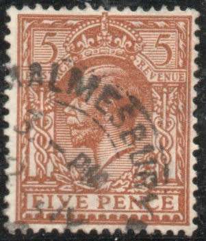 Great Britain 1912-24 KGV Defin 5d shades vfu. SG 381 and 382. Cat £10 (2022)