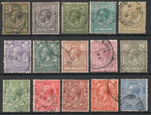 Great Britain 1912-24 KGV Defin basic set of 15 w/mark Royal Cypher used. Between SG 351-396 Cat £95