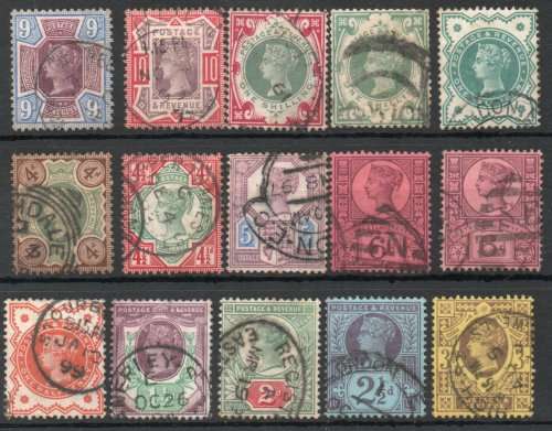 Great Britain 1887 Jubilee Definitive basic set of 14 fine used.  Cat as cheapest £457 (2022)