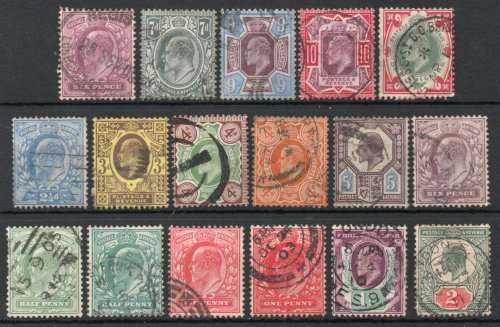 Great Britain 1902 KEVII Defin basic set of 15 vfu. Between SG 215-259. Cat as cheapest £402 (2022)
