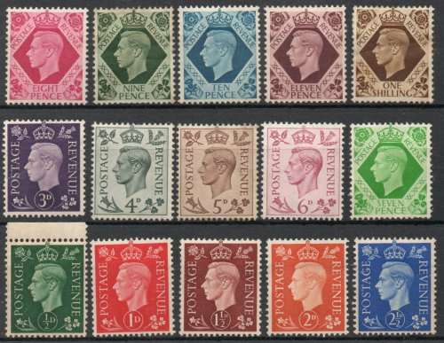 Great Britain 1937-47 KGVI Definitive set of 15 mounted mint. SG 462-475. Cat £45 (2022)