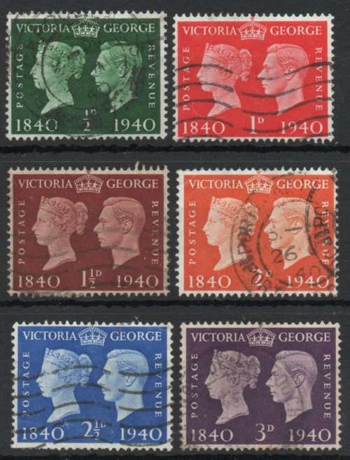 Great Britain 1940 Cent of 1st adhesive stamp set of 6 very fine used. SG 479-484. Cat £5,25 (2022)