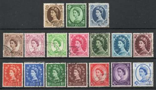 Great Britain 1952-54 QEII Definitive set of 17 vfu (w/mark Tudor Crown). SG 515-531. Cat £40 (2022)