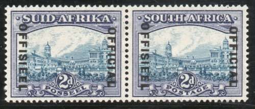 South Africa 1935-50 official 2d blue and violet lmm pair. SG O23/SACC 28. Cat £150/R3000.