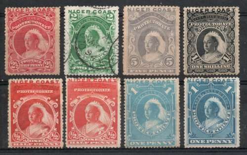 Niger Coast 1894 basic set of 6 plus shades of ½d and 1d mint (2d used) SG 45-50. Cat £109 (2022)