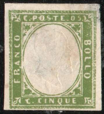 Sardinia 1855 Definitive 5c green mint no gum. SG 28. Cat £8,50 (2014)