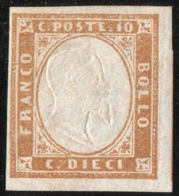 Sardinia 1855 Definitive 10c bistre mint no gum. SG 40. Cat £8,50 (2014)
