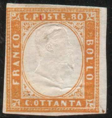 Sardinia 1855 Definitive 80c yellow mint no gum. SG 59. Cat £32 (2014)