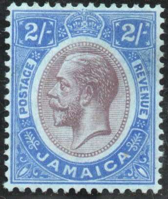 Jamaica 1912-20 KGV definitive 2/- purple-blue heavy mounted mint. SG 66. Cat £22 (2022)