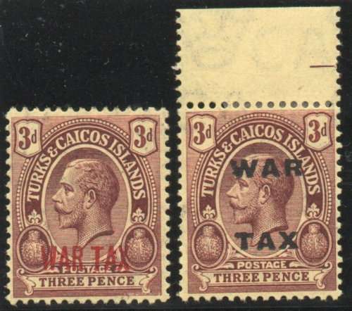 Turks and Caicos Islands 1918 2 x 3d War stamps mounted mint. SG 141 and 147. Cat £10 (2022)