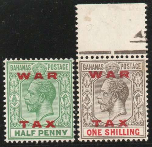 Bahamas 1919 War Tax ½d and 1/- mounted mint. SG 102 and 104. Cat £29,25 (2022)