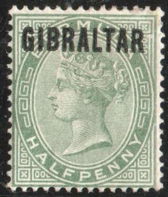 Gibraltar 1886 Bermuda stamp optd `GIBRALTAR` ½d dull-green mounted mint. SG 1. Cat £23 (2022)