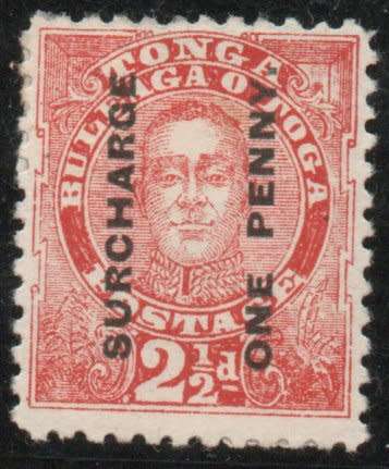 Tonga 1895 surcharge 1d on 2½d vermillion mounted mint. SG 30. Cat £100 (2022)