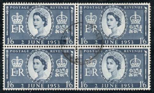 Great Britain 1953 QEII Coronation 1/6d block of 4 very fine used. SG 535. Cat £8 (2022)