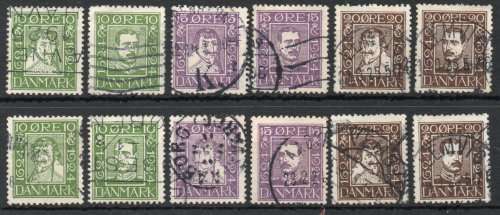 Denmark 1924 `300th Anniv of Danish Post` set of 12 vfu. SG 218A-223A, 218B-223B. Cat £57 (2014)