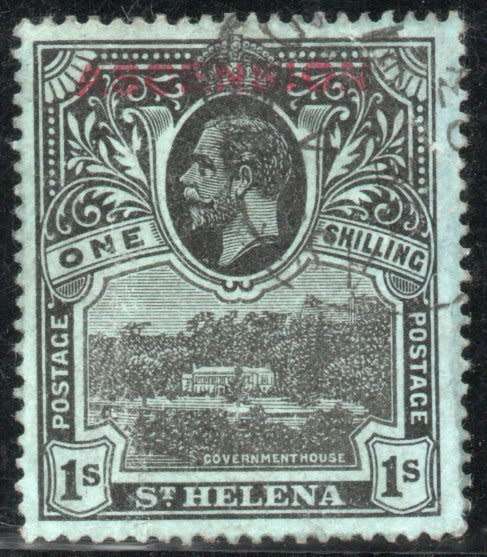 Ascension 1922 St Helena optd `ASCENSION` 1/- black/green used but thinned. SG 9. Cat £50 (2022)