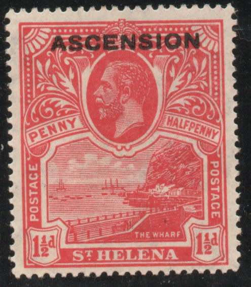 Ascension 1922 St Helena optd `ASCENSION` 1½d rose-scarlet lmm. SG 3. Cat £17 (2022)