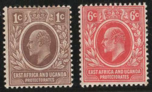 East Africa and Uganda 1907-08 KEVII 1c brown and 6c red mounted mint. SG 34, 36. Cat £6,50 (2022)