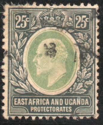 East Africa and Uganda 1907-08 KEVII 25c grey-green and black good used. SG 40. Cat £9 (2022)