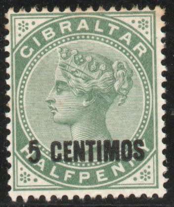 Gibraltar 1889 QV 5c surcharge on ½d green mounted mint. SG 15. Cat £14 (2022)