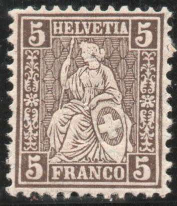Switzerland 1862 Definitive 5c brown mounted mint. SG 54b. Cat £3,75 (2012)