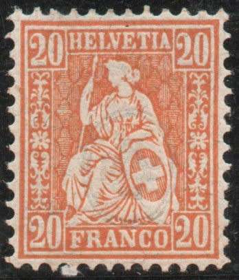Switzerland 1862 Definitive 20c orange mounted mint. SG 56a. Cat £2,50 (2012)