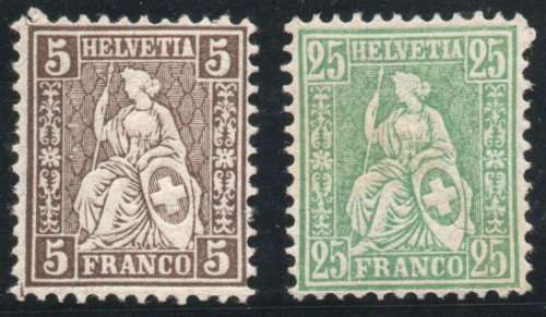 Switzerland 1862 Definitive 5c and 25c fine mounted mint. SG 54b and 64. Cat £5,50 (2012)