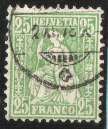 Switzerland 1862 Definitive 25c green fine used. SG 64. Cat £4,25 (2012)