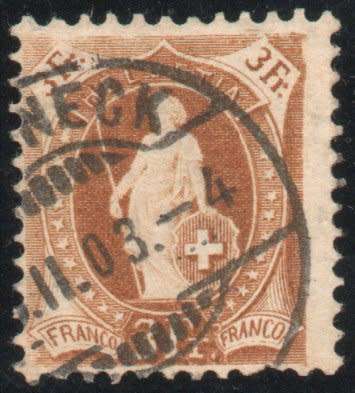 Switzerland 1882 Definitive 3f brown fine used. SG simplified 154b. Cat £36 (2012)