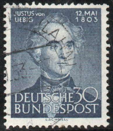Germany West 1953 `150th Birth Anniv of Liebig` 30pf blue very fine used. SG 1092. Cat £29 (2012)