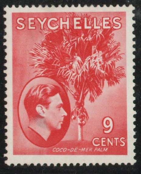 Seychelles 1938-49 KGVI definitive 9c red mounted mint. (small gum thin) SG 138. Cat £18 (2022)